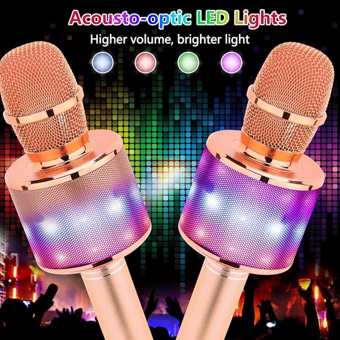 Amazmic Kids Karaoke Microphone Machine Toy Bluetooth Microphone Portable Wireless Karaoke Machine Handheld with LED Lights, Gift for Children Adults Birthday Party, Home KTV(Champagne)