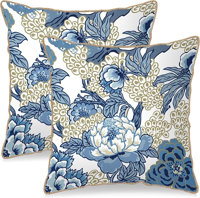 KSLIDS Vintage Floral Soft Velvet Throw Pillow Covers Set of 2 Blue Beige Floral Decorative Pillow Covers 20x20 Inch Chinoiserie Retro Pillow Case for Sofa Couch Bedroom Farmhouse Home Decor