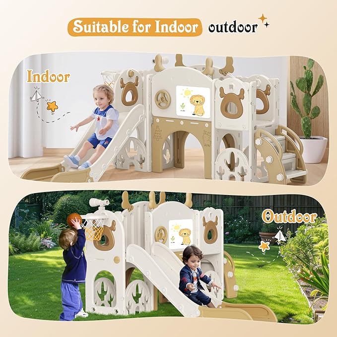 Toddler Slide, 11 in 1 Toddlers Playset New Upgrade with Kids Slide, Drawing Board, Golf Set, Basketball Hoop and Storage Space for Toddler Age 1-3, Backyard Playground Indoor and Outdoor