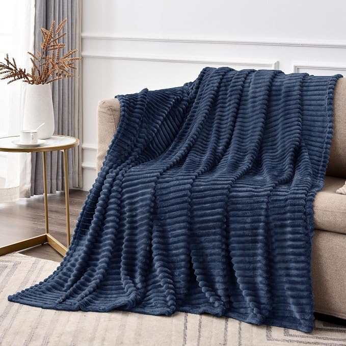 BEDELITE 3D Ribbed Jacquard Navy Blue Full Size Blankes for Bed, 84x90 Inch | Soft Warm Decorative Fluffy Blanket, Cozy Fuzzy Lightweight Plush Fleece Throw Blankets for Bed, Room Decor, Gift for Women