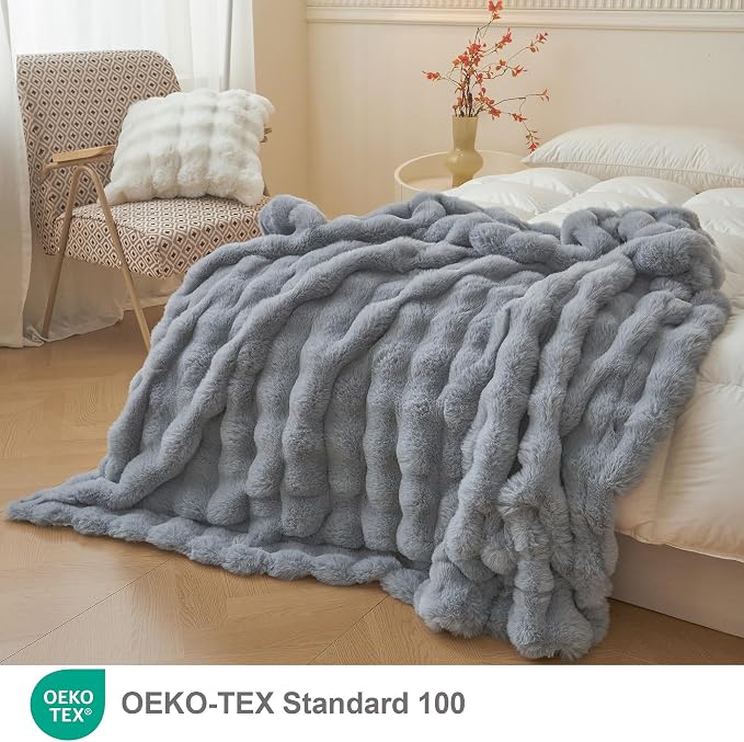 LIFEREVO Luxury Fluffy Faux Rabbit Fur Throw Blanket 50x60, Gray | Plush Shaggy Bubble Blanket for Bed Couch Sofa Office, Decorative Soft Cute Furry Lap Throw for Kids Teens Adults, Washable