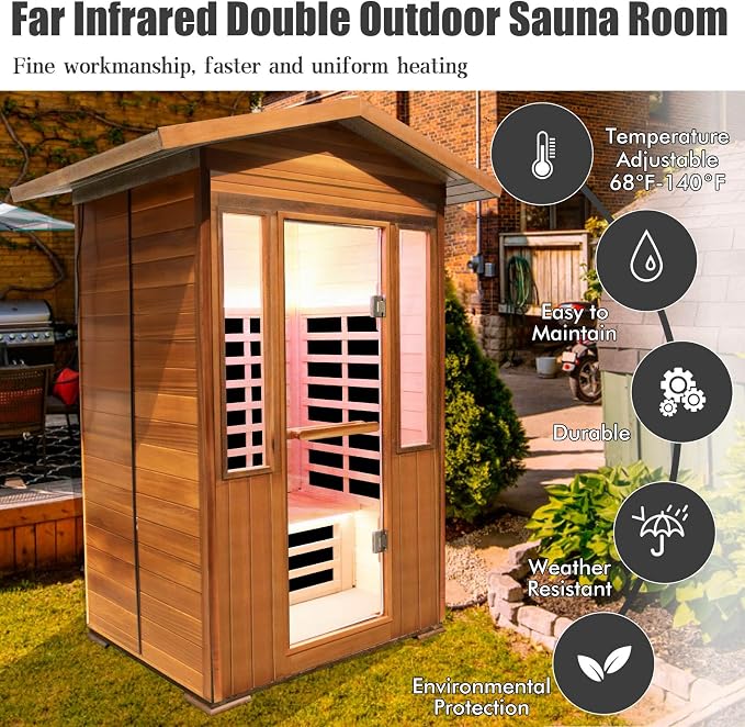 2 Person Outdoor Sauna Infrared Saunas Dry Sauna Room 120V Red Cedar and Canadian Hemlock Wood Wooden Sauna Spa 1800W APP Control 7 Color Light 48.8 * 37 * 87.4inch