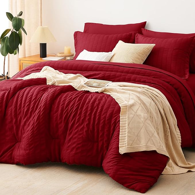 CozyLux King Size Comforter Set Dark Red Seersucker 7 Pieces Bed in a Bag King Comforter Set with Sheets, Luxury Soft Bedding Sets with Down Alternative Comforter, Sheets, Pillowcases & Shams