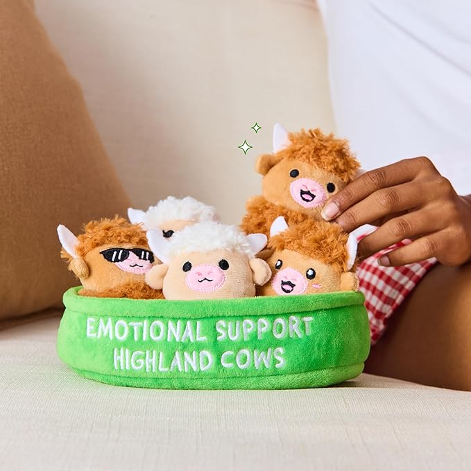 WHAT DO YOU MEME? Emotional Support Highland Cows by Relatable, Cuddly Stuffed Animals, Plushies, and Cute Stuff, Great Gift Ideas for Loved Ones of All Ages, Includes 5 Toys with Carrying Basket