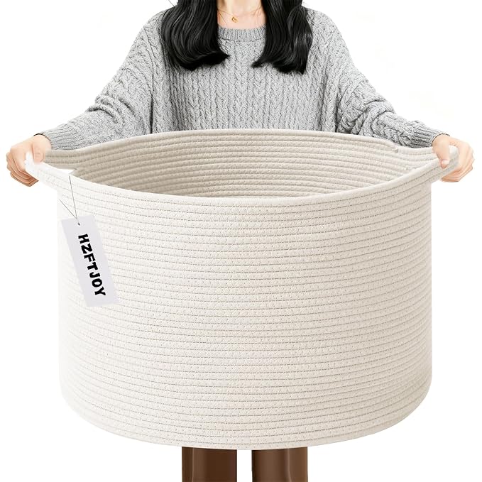 90L Large Blanket Basket,Rope WovenLaundry Basket-White | Collapsible, reinforced handles, nursery storage bin organizes clothes, toys and pillows for living room, bedroom bathroom