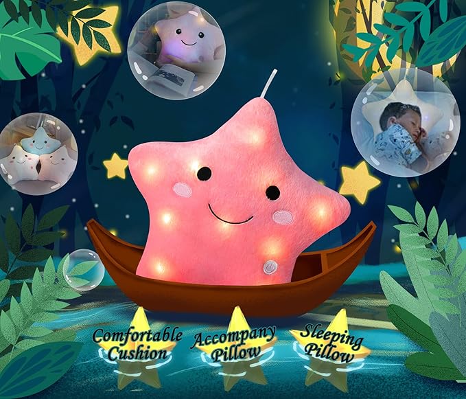 DearSun Set of 2pcs, 13'' Creative Twinkle Star Colorful Night Light Plush Pillows Light up Night Stuffed Toys Perfect for Birthday Christmas Holiday Valentines(Yellow+Deep Pink)