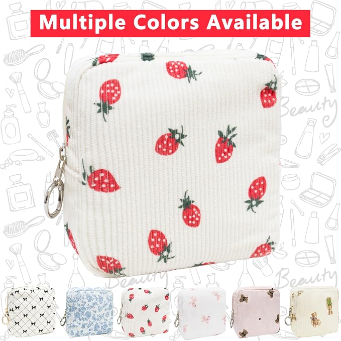 Period Bag for Girls, Corduroy Period Kit with Sanitary Pad Pouch, Menstrual Storage Bag and Tampon Holder for Purse, Girls School Essentials,Feminine Care Organizer(Strawberry)
