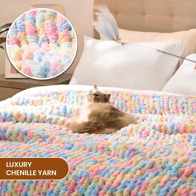 L'AGRATY Chunky Knit Throw Blanket for Couch, 60 x 80 Inches, Rainbow | Handmade Chenille Crochet Blanket for Sofa Bed, Thick Cable Knitted Blankets for Room Home Decor, Birthday Gift for Women Mom
