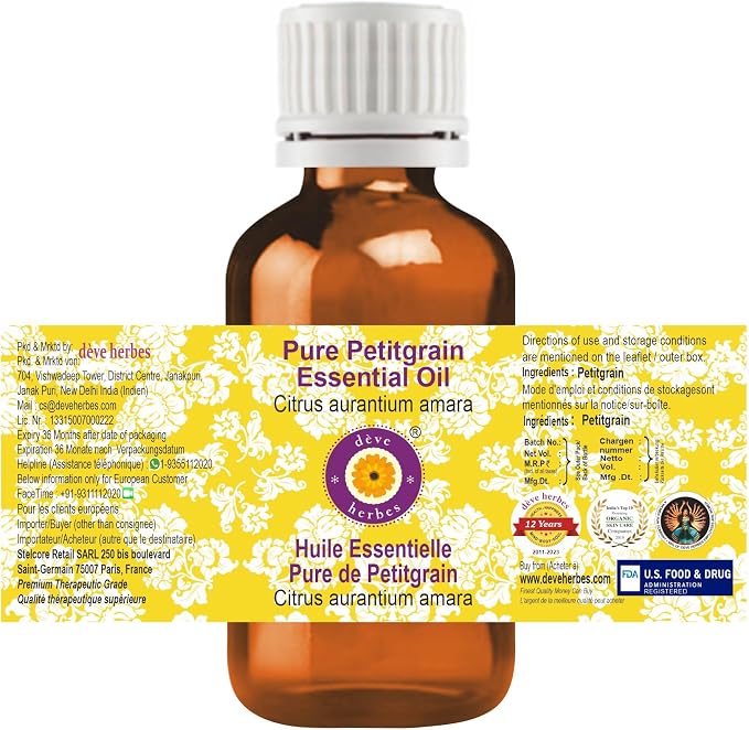 Deve Herbes Pure Petitgrain Essential Oil (Citrus aurantium Amara) Steam Distilled (Pack of Three) 100ml X 3 (10 oz)