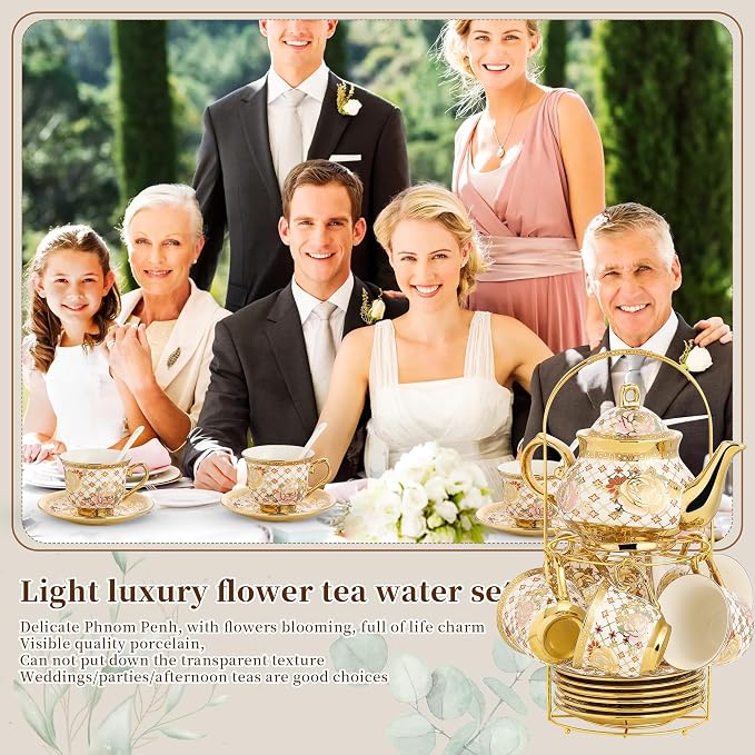 20 Pieces Porcelain Tea Set With Metal Holder, European Ceramic tea set for adults,Flower Tea Set,Tea Set For Women With Flower Painting