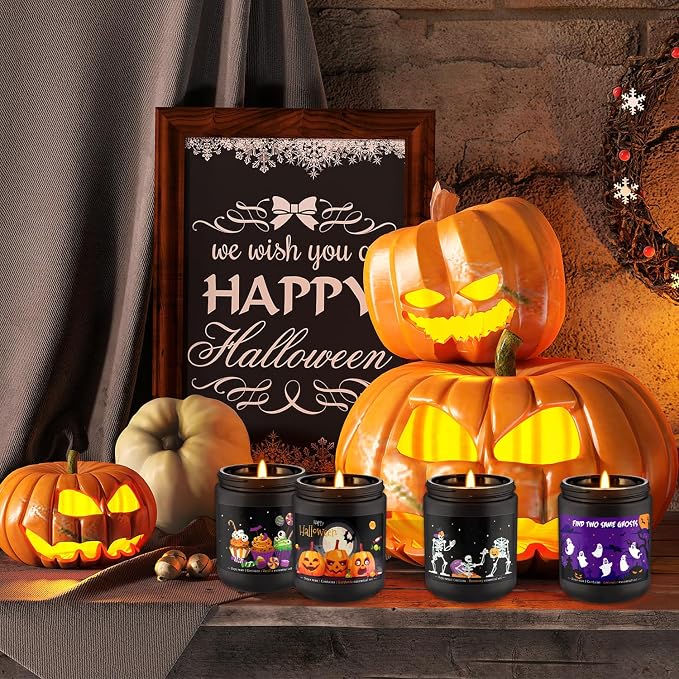 Halloween Scented Candle Set, 4-Pack 7oz Soy Wax Candles with 4 Fragrances, Long-Lasting Burning for Halloween, Christmas, Home Decor, Rituals & Themed Parties.