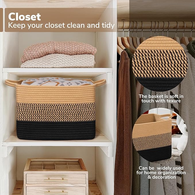 Goodpick Woven Storage Basket for Shelves, 13" x 10" x 9", Black & Jute | Stylish Gift Baskets Empty for Home Decor, Wicker Baskets for Dog Toys, Books & Towels Storage, Shelf & Closet Organization