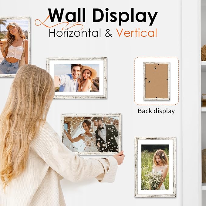 FIXSMITH 8x12 Picture Frame 2 Pack, Distressed White Photo Frame with HD Plexiglass, Display Pictures 6x8 with Mat or 8x12 Without Mat, Distressed White Picture Frames Collage Wall Decor, Gallary Wall Frame