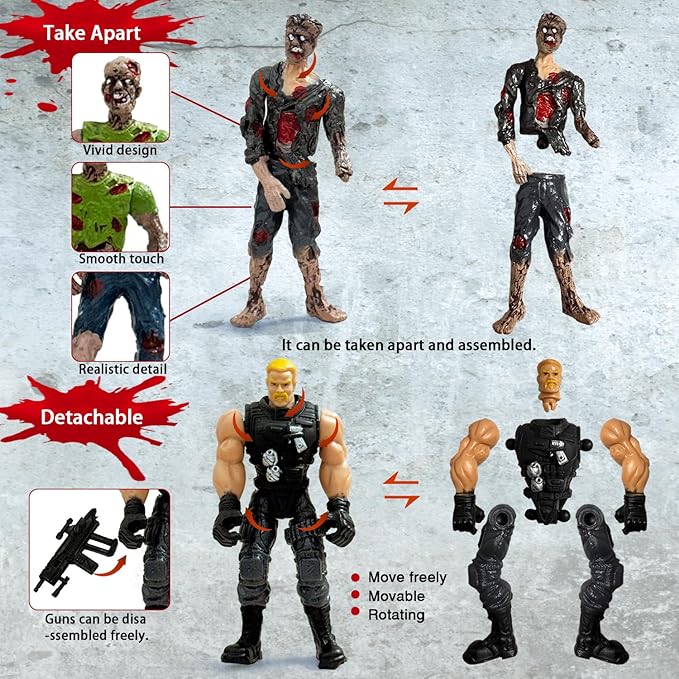 6 Army Men VS 6 Zombie Action Figures, Realistic Military Playset with Weapons 2 Dog Figures, Halloween for Boys 4-7 (14PCS)