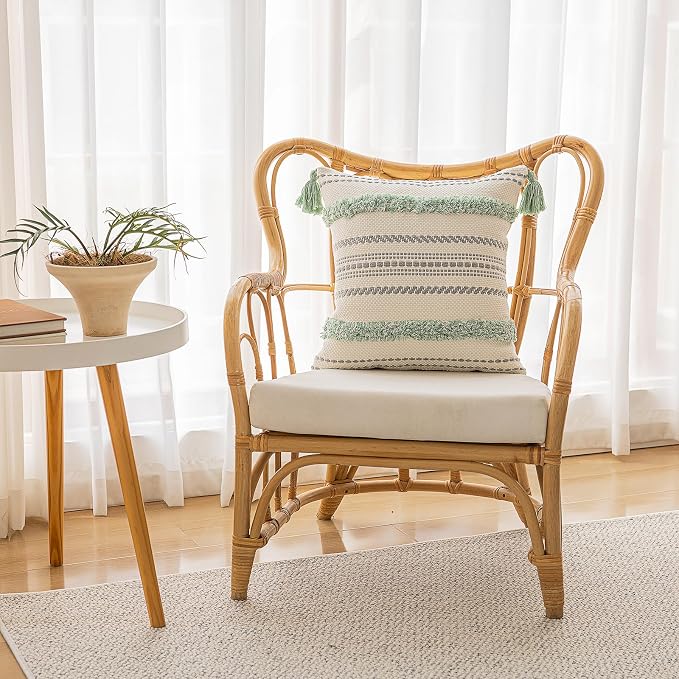 BUIOVBEY Boho Throw Pillow Covers Woven Tufted Pillow Cases with Tassels | Farmhouse Pillow Covers 20x20 Set of 2 Textured Striped Cushion Case Neutral Decorative Pillowcase for Sofa Couch Light Green