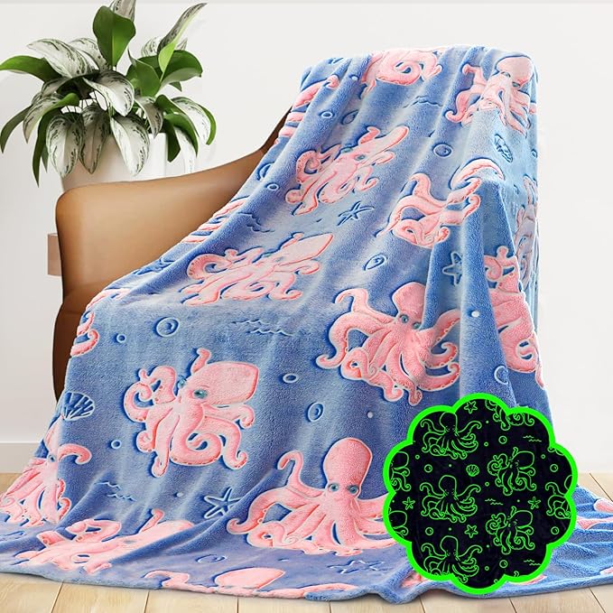 Octopus Twin Blanket for Couch Bed, Large Soft Warm Ocean Blanket for Adults Kids, Blue Sea Animal Twin Size Fleece Throw for Bedroom Home Decor 60"x80"