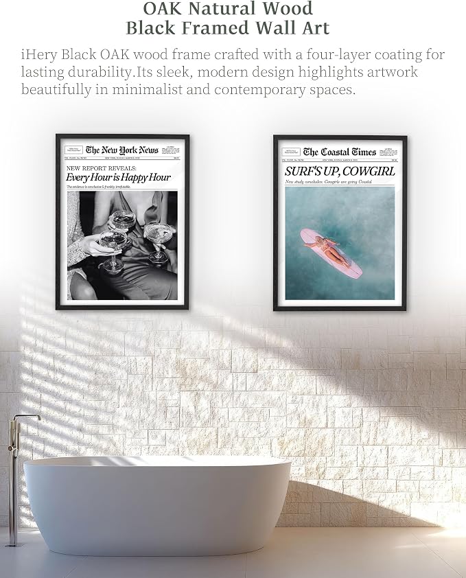 iHery 12x16in Surf’s Up Cowgirl Black Framed Newspaper Wall Art | Premium Black Natural OAK Wood Frame with Canvas Print, Coastal Western Decor for Bedroom, Girl Dorm, Living Room 1Pack