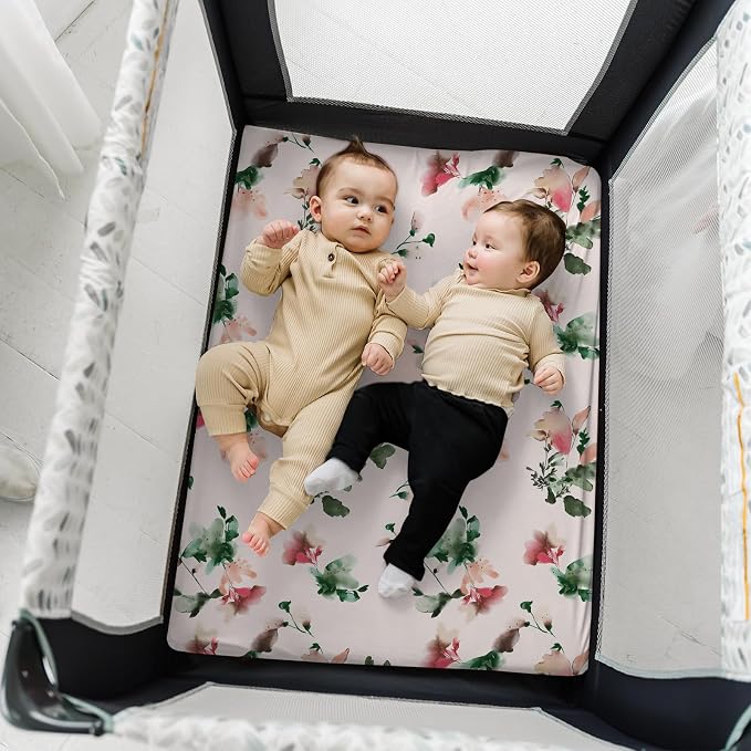 Pack n Play Sheets, BROLEX 2 Pack Mini Crib Sheets,Stretchy Portable Fitted Playard Sheet Set, Convertible Playard Mattress Cover,Ultra Soft Breathable Material,Exotic & Flora