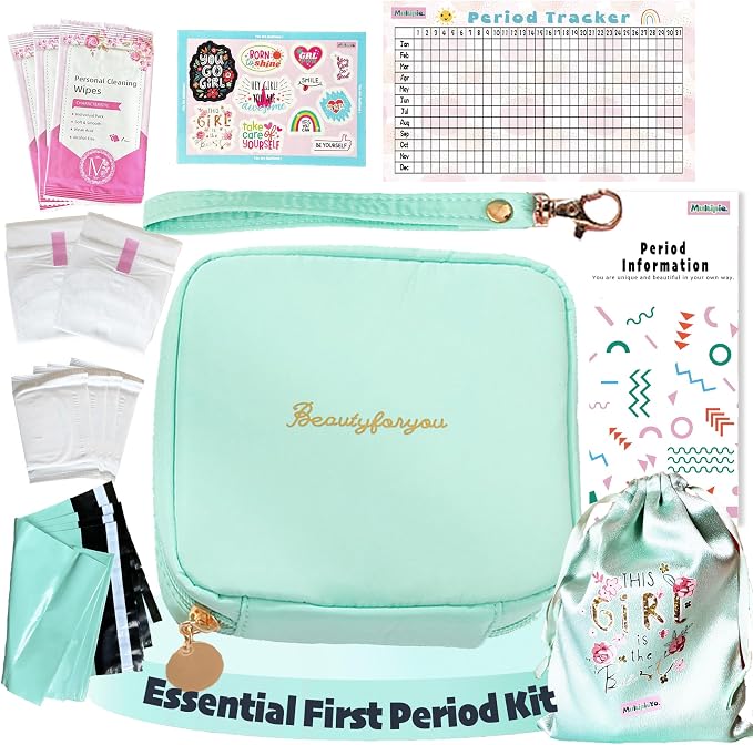 Essential First Period Kit for Girls 10-12 | Period Bags for Teen Girls for School | First Period Gift with Sanitary Pad Storage Bag, Wipes, Period Tracker and More(Mint)