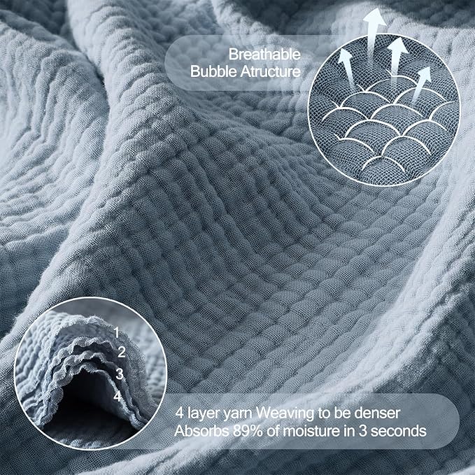 WDCOZY 100% Cotton Muslin Blanket King Size 4-Layer for Bed Breathable Lightweight Soft Large Boho Farmhouse Linen Tassels Ruffle Gauze Blankets All Season for Adults 108x90 Inches Dusty Blue
