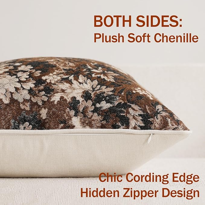 Pack of 2 Vintage Floral Euro Sham Covers 26x26 Boho Farmhouse Accents Chenille Square Decorative Throw Pillow Cases for Living Room Couch Bed Home Decor, Dark Brown