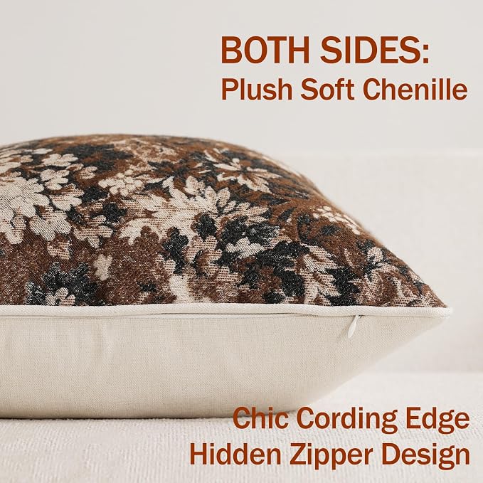 Pack of 2 Vintage Floral Throw Pillow Covers 16x16 Boho Farmhouse Accents Chenille Square Decorative Pillow Cases for Living Room Couch Bed Home Decor, Dark Brown