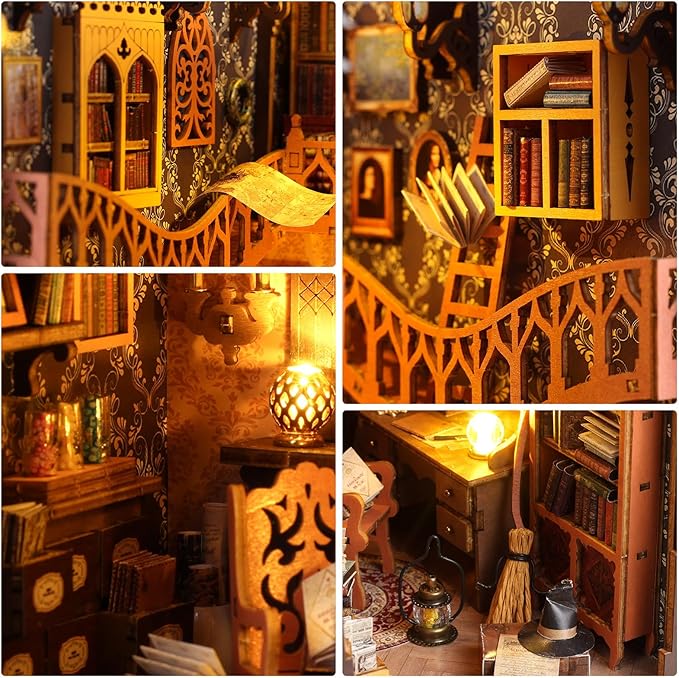 Foyucool DIY Book Nook Kit, Miniature Dollhouse Bookshelf Insert with LED Light, 3D Wooden Puzzle Bookend Insert, Perfect for Teens and Adults, Magic Book