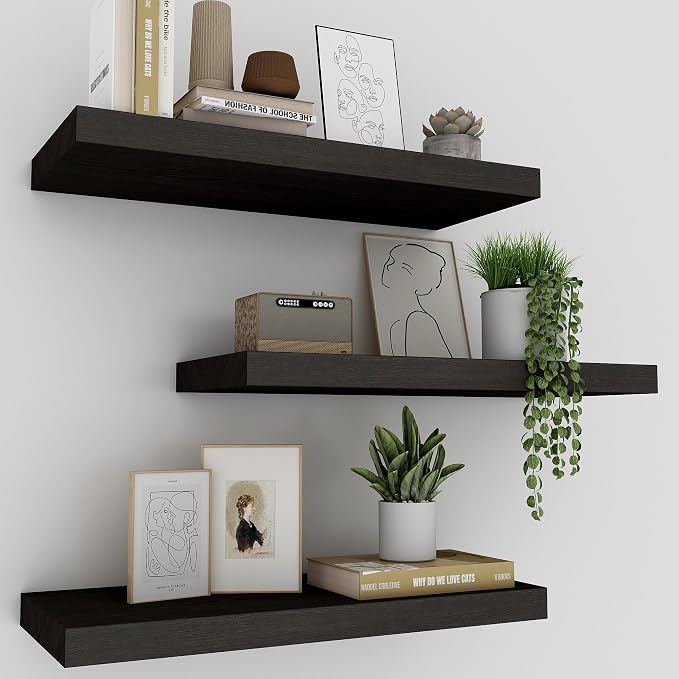 Upassion Floating Shelves for Wall Set of 3, 16" Black Wall Shelves for Home Decor, Frame Display Floating Shelf for Living Room, Bedroom, Bathroom, Kitchen