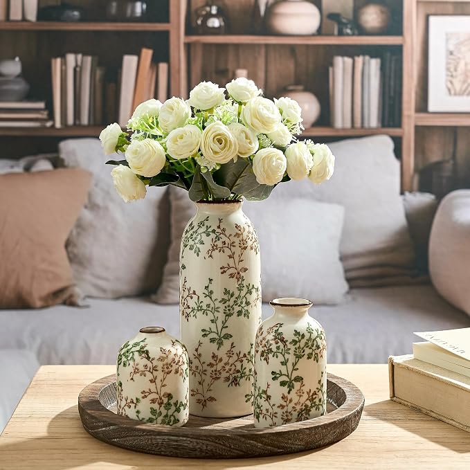 Green and Beige Antique Vase Set of 3, Vintage Chinoiserie Floral Vase, Rustic Ceramic Vase for Home Decor, Living Room, Bookshelf, Office, Entryway, Garden, Chinoiserie Decor, Tuscan Decor