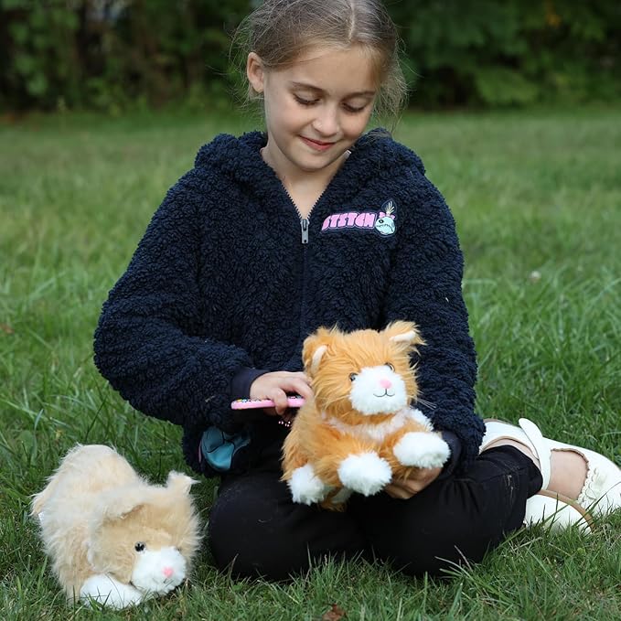 Tezituor 2 Pcs Realistic Cat Stuffed Animal Set, 17 Inch Large Stuffed Teddy Cat Plush Toy with Long-Hair, Cute Plush Kitten Birthday Gift for Girl Boy (Orange & Golden)