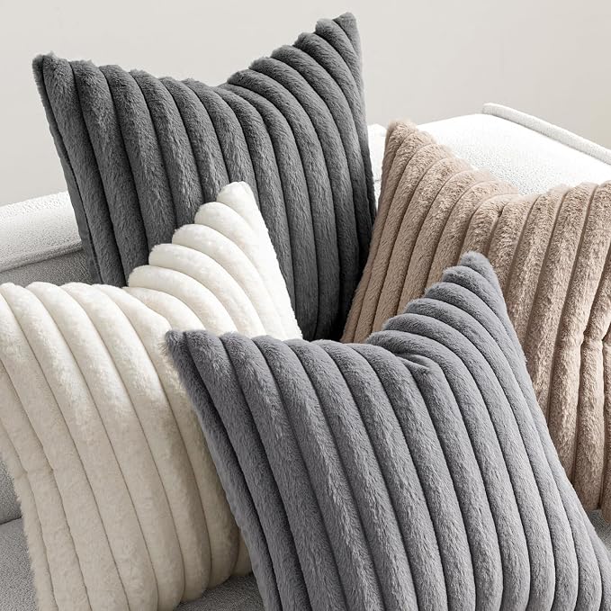 MIULEE Faux Fur Plush Decorative Throw Pillow Covers 20x20, Grey Taupe | Set of 4, Striped, Soft Boho Farmhouse Vintage, Rustic Cozy Home Decor, Cushion Cases for Sofa Couch Bed Living Room
