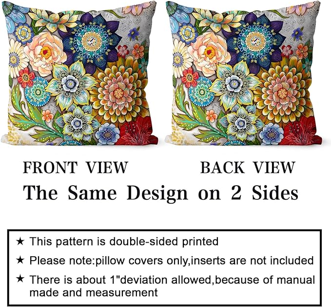 Snycler Boho Floral Throw Pillow Covers Set of 2 Colorful Boho Flower Decorative Cushions Pillowcase for Bedroom Sofa Home Decor, 20x20 Inch, Velvet, Short Plush
