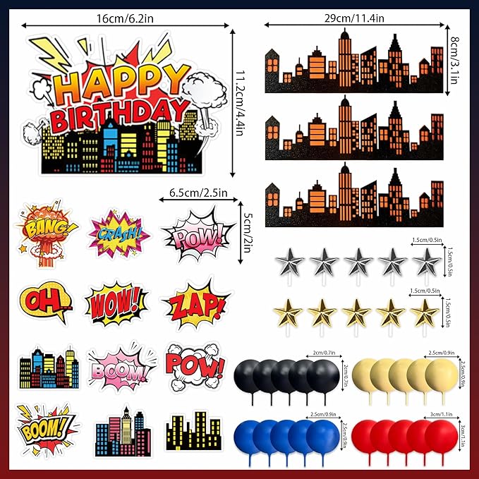 46 PCS Superhero Cake Topper - Happy Birthday Decorations for Hero Themed Party Supplies - City Cake Decor (blue)