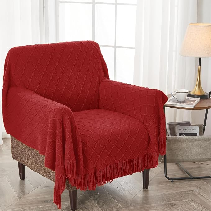 inhand Pomegranate Red Knitted Throw Blanket for Couch and Bed, 50"x60" | Gifts for Mom from Daughter Son, Soft Lightweight with Tassel, Farmhouse Warm Decorative Blanket for Women, Cozy Knit