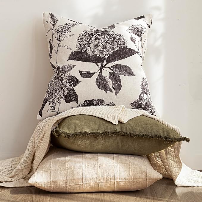 Foindtower Set of 2 Linen Floral Vintage Throw Pillow Covers Neutral Accent Print Decorative Cushion Covers Farmhouse Boho Home Decor for Sofa Chair Couch Bedroom Living Room,22×22 Inch,Black