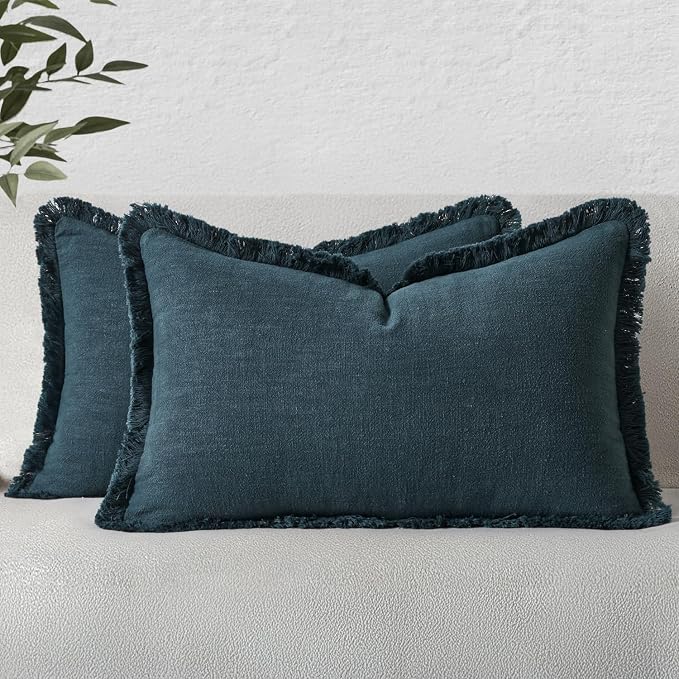 MIULEE Linen Fringe Decorative Lumbar Throw Pillow Covers Navy Blue 12x20 | Set of 2, Cottagecore Decor, Boho Farmhouse Coastal Pillow Covers, Rustic Couch Cushion Cases for Sofa Bed Living Room