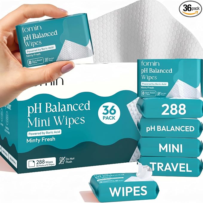 FOMIN pH Balanced Feminine Wipes for Women - 36 Pack (288 Wipes) - Aloe Vera Intimate Cleansing Wipes for Sensitive Skin - Individual Packets -Travel Essentials & Gifts for Women & Teen Girls