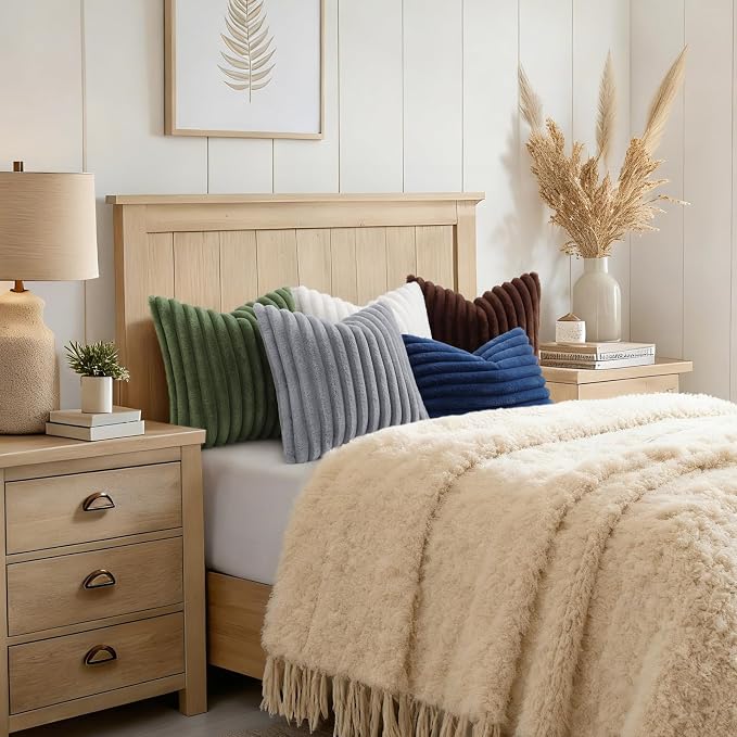 decorUhome Fall Faux Fur Throw Pillow Covers 22x22 Set of 2 Olive Green | Decorative Soft Cozy Striped Plush Modern Farmhouse Boho Couch Pillow Cases Velvet Back for Sofa Bed Living Room Home Decor