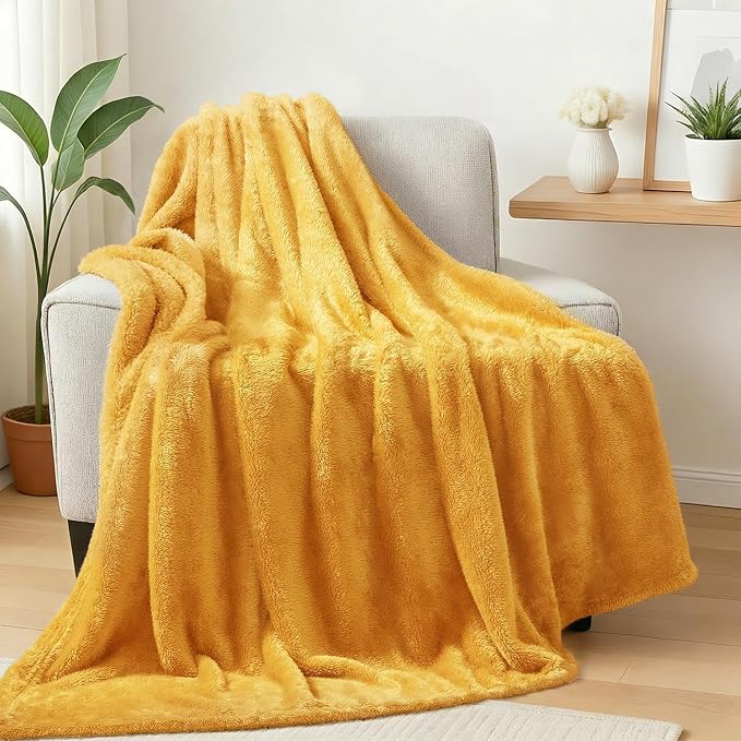 Exclusivo Mezcla Fuzzy Large Fleece Throw Blanket for Couch, Mustard Yellow | 50x70 Inches, Super Soft and Cozy Throw, Plush Fluffy Blanket for Sofa, Bed, Bedroom, Home Decor, All Season