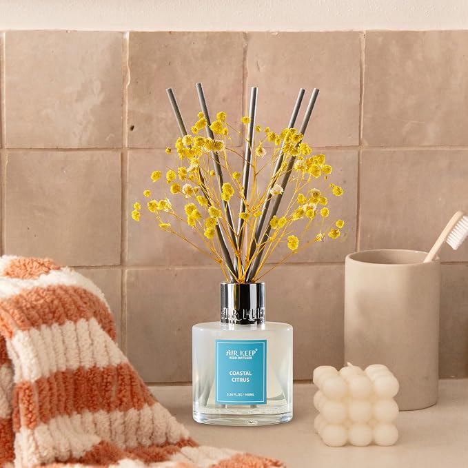 Airkeep Reed Diffuser Set,3.38 fl oz (100 ml) - Coastal Citrus Oil Diffusers with 8 Reed Sticks, Home Fragrance Reed Diffuser for Bathroom Shelf Decor