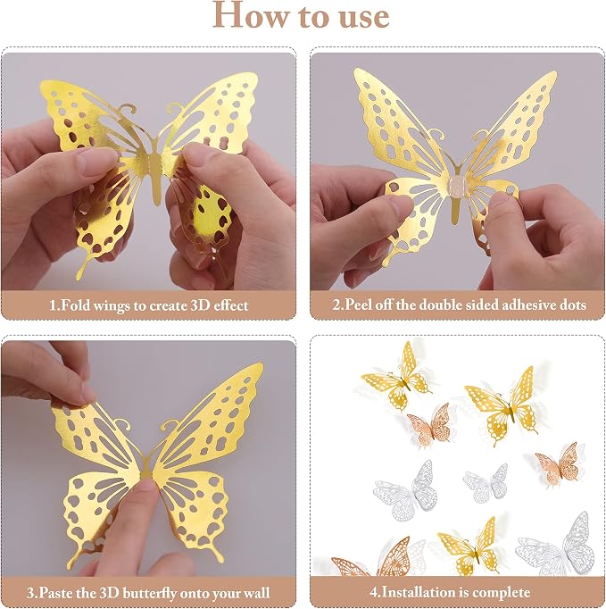 SAOROPEB 3D Butterfly Wall Decor, 72 Pcs 3 Styles 3 Sizes, Removable Metallic Wall Decor Sticker Room Mural Decals for Kids Bedroom Nursery Classroom Party Decoration Wedding Decor DIY Gift (3 Color) | 3 Styles 3 Sizes, Removable Wall Decor Sticker Roo...