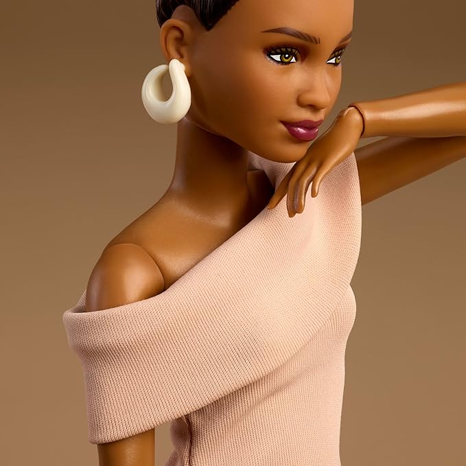 Barbie Basics Model Collector Fashion Doll 08 with Brunette Hair in Tan Dress & Strappy Heels, Universal-fit Fashions & Posable Body