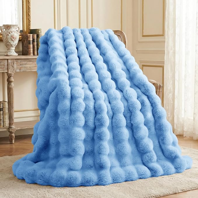 L'AGRATY Faux Rabbit Fur Throw Blanket for Couch, 90'' x 90'', Airy Blue | Soft Cozy Bubble Fluffy Blanket for Sofa Bed, Thick Warm Plush Fuzzy Throw for Room Home Decor, Luxury Gift for Women Mom