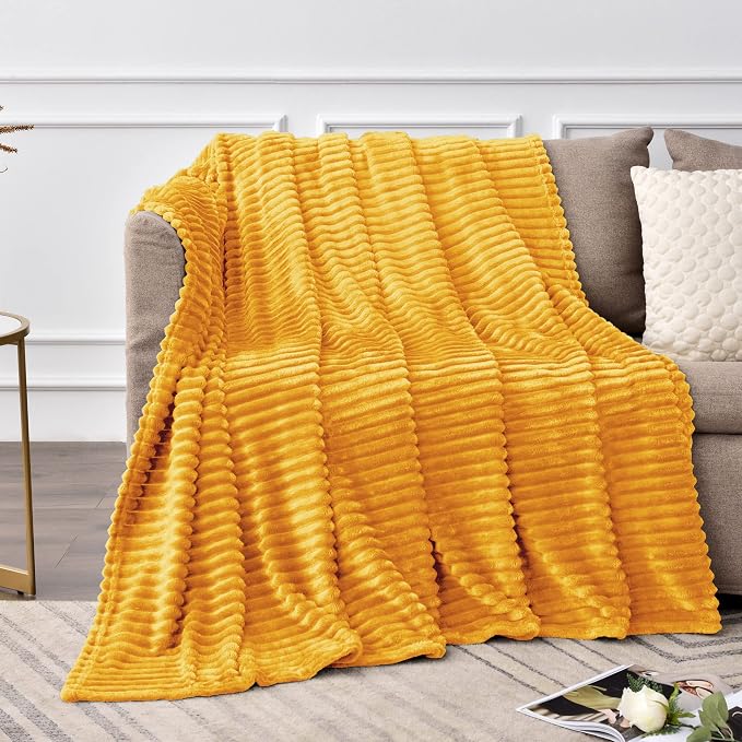 BEDELITE Ribbed Mustard Yellow Fleece Throw Blanket for Couch, 50x60 Inch | Soft Warm Decorative Fluffy Blanket, Cozy Plush Lightweight Fuzzy Throw Blanket for Bed Sofa Home Room Decor, Gift for Women