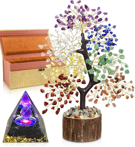 7 Chakra Crystal Tree of Life with Orgonite Pyramid (Set 2) - Unique Birthday Gifts for Women, Valentine's Day New House Warming Gifts, Chakra Trees Healing Positive Energy for Home Office Desk Decor