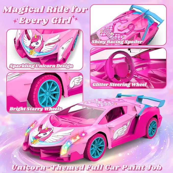 Unicorn RC Car for Girls, Rainbow Glow & Drift Wing Remote Control Car,2.4GHz RC Cars 1:18 Scale,Kids Toys Age 3 4 5 6 7 8 9 10 11 12,Girls Birthday Gifts,Christmas Basket Stuffers for Kids Age 3-12