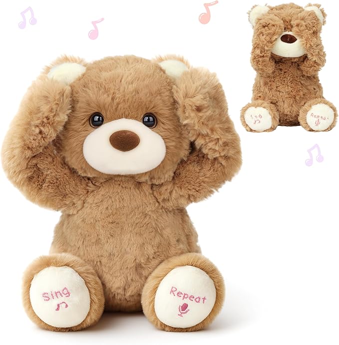 Hopearl Peek A Boo Bear Interactive Repeats What You Say Plush Teddy Bear Toy Musical Singing Talking Stuffed Animal Adorable Electric Animate Gift for Toddlers, Brown, 11''