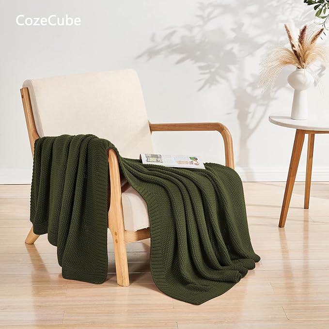 CozeCube Olive Green Seed Stitch Throw Blanket 50"x60", Farmhouse Decor | Blanket for Couch, Soft Cozy Cable Knit Throw for Bed Sofa Living Room, Lightweight Warm Decorative Christmas Blanket