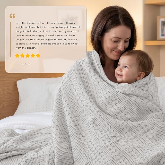 PHF 100% Cotton Waffle Weave Blanket Queen Size, Lightweight Breathable Summer Blanket for Hot Sleepers, Pre-Washed Soft Layer for Bed, Couch, Aesthetic Home Decor & Gift, 90"x90", Light Grey