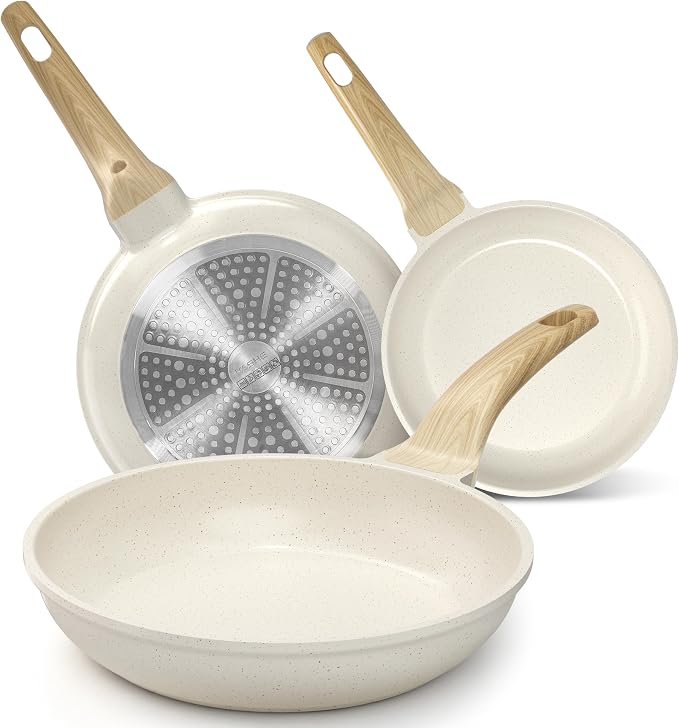 YASHE 3Pcs Granite Nonstick Frying Pan Set, Induction Ready, 8/9.5/11-Inch | Non-Toxic Omelette Pans Cookware with Stay-Cool Handle PFOA/PFOS Free Skillet Pans Set Compatible with All Stovetops